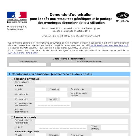 Aperçu du document Demande d'autorisation pour l'accès aux ressources génétiques et le partage des avantages découlant de leur utilisation — Professionnels, France (CERFA n°15785*02)