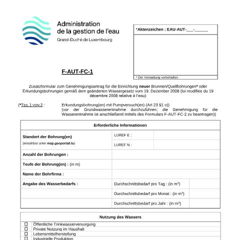 Aperçu du document de Genehmigungsantrag für Erkundungsbohrung(en) mit Pumpversuch(en) (Phase 1) — Eau, Luxembourg (CERFA n°18-F-AUT-FC-1)