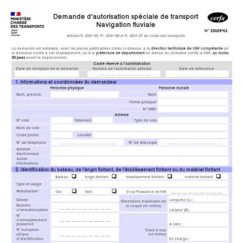 Aperçu du document Demande d'autorisation spéciale de transport (AST) - Navigation fluviale — Professionnels, France (CERFA n°15029*01)
