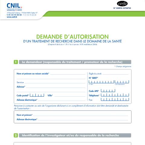 Aperçu du document Demande d'autorisation d'un traitement de recherche dans le domaine de la santé — Professionnels, France (CERFA n°10769*03)