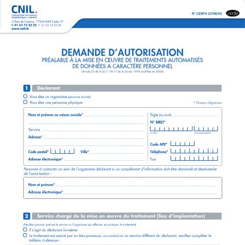 Aperçu du document Demande d'autorisation préalable à la mise en œuvre de traitements automatisés de données à caractère personnel — Professionnels, France (CERFA n°13786*03)