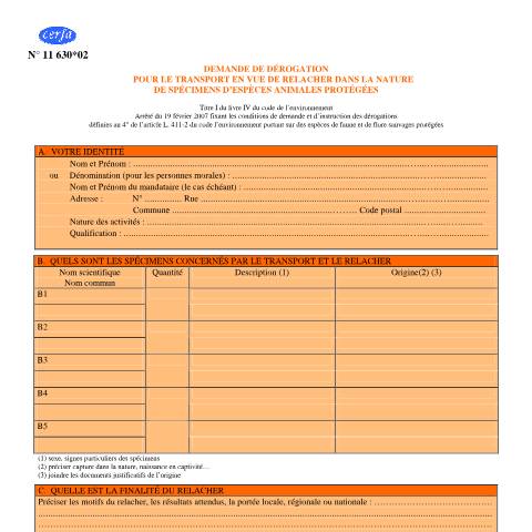 Aperçu du document Demande d'autorisation de transport en vue de relacher dans la nature des spécimens d'espèces animales protégées — Professionnels, France (CERFA n°11630*02)