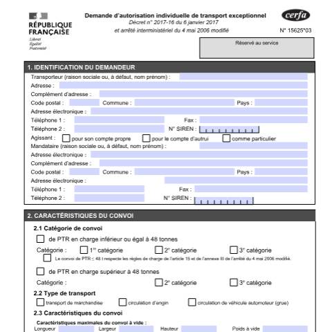 Aperçu du document Demande d'autorisation individuelle de transport exceptionnel — Professionnels, France (CERFA n°15625*03)