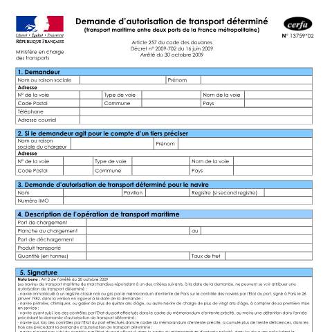 Aperçu du document Demande d'autorisation de transport déterminé (transport maritime entre deux ports de France métropolitaine) — Professionnels, France (CERFA n°13759*02)