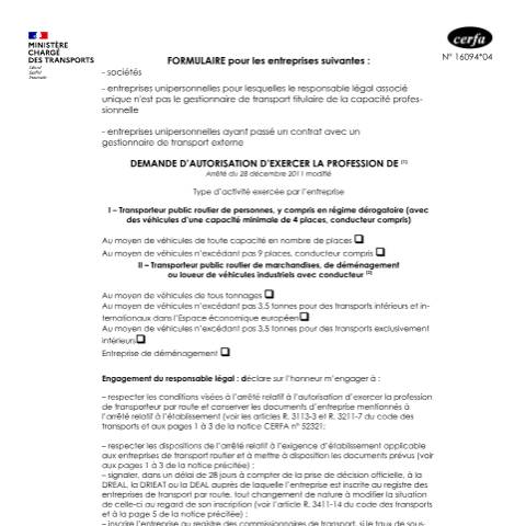 Aperçu du document Demande d'autorisation d'exercer la profession de transporteur public routier pour les sociétés et autres — Professionnels, France (CERFA n°16094*04)