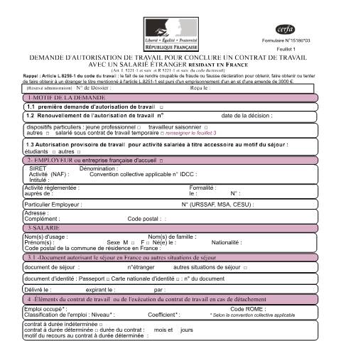 Aperçu du document Demande d'autorisation de travail pour embaucher un étranger résidant en France — Particuliers, France (CERFA n°15186*03)
