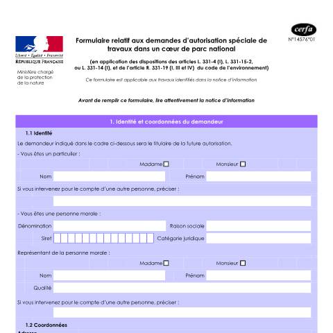 Aperçu du document Demande d'autorisation spéciale de travaux dans un cœur de parc national — Professionnels, France (CERFA n°14576*01)