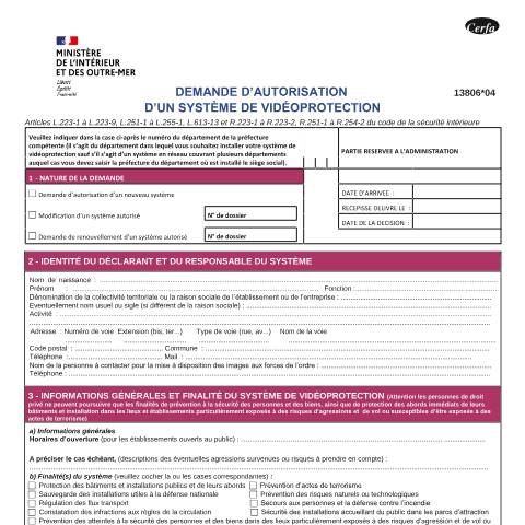 Aperçu du document Demande d'autorisation d'un système de vidéoprotection — Particuliers, France (CERFA n°13806*04)