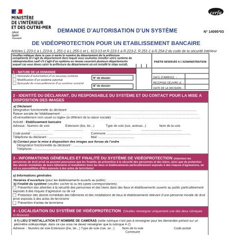 Aperçu du document Demande d'autorisation d'un système de vidéoprotection pour un établissement bancaire — Particuliers, France (CERFA n°14095*03)