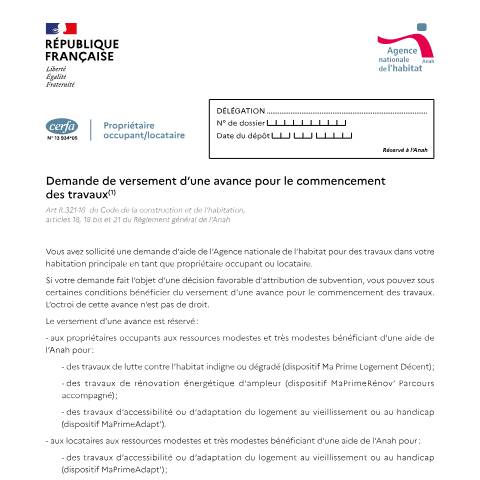 Aperçu du document Propriétaire occupant : demande de versement d'une avance pour commencer les travaux (Anah) — Particuliers, France (CERFA n°13934*05)