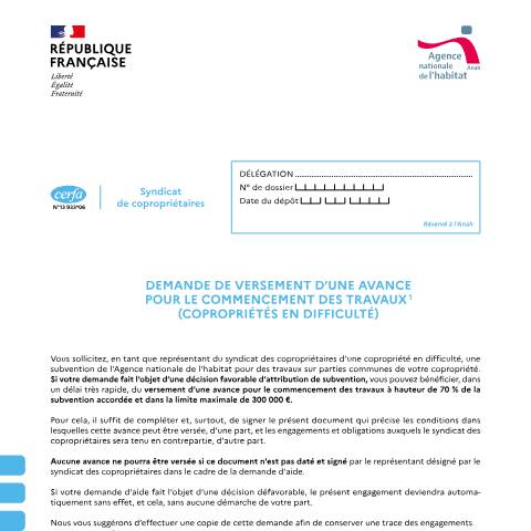 Aperçu du document Syndicat des copropriétaires : demande de versement d'une avance pour commencer les travaux (Anah) — Particuliers, France (CERFA n°13933*06)