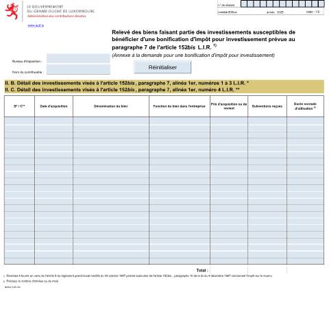 Aperçu du document Annexe: "Annexe à la demande pour une bonification d'impôt pour investissement" — Annexes et bonifications d'impôt, Luxembourg (CERFA n°800Bis F)