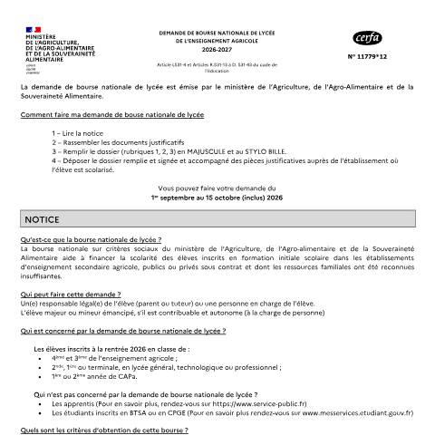 Aperçu du document Demande de bourse nationale d'études du second degré (enseignement agricole) — Particuliers, France (CERFA n°11779*11)