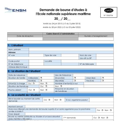 Aperçu du document Demande de bourse d'études à l'École nationale supérieure maritime — Particuliers, France (CERFA n°15065*04)