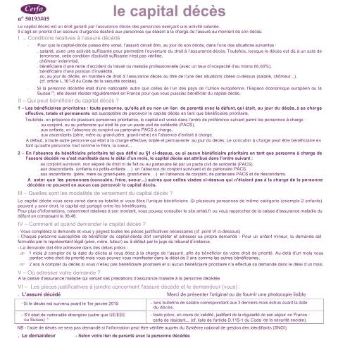 Aperçu du document Demande de capital décès — Particuliers, France (CERFA n°10431*05)