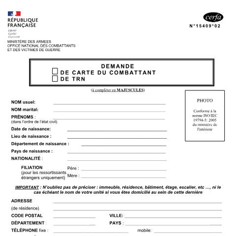 Aperçu du document Demande de carte du combattant et/ou du titre de reconnaissance de la Nation — Particuliers, France (CERFA n°15409*02)