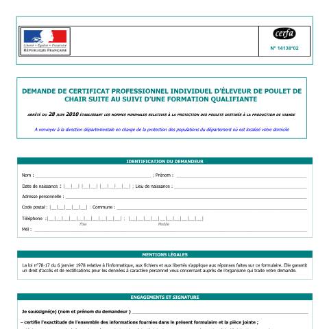 Aperçu du document Demande de certificat professionnel individuel d'éleveur de poulets de chair — Professionnels, France (CERFA n°14138*02)