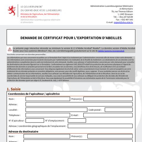Aperçu du document Demande de certificat pour l’exportation d’abeilles — Import export, Luxembourg (CERFA n°certificat)