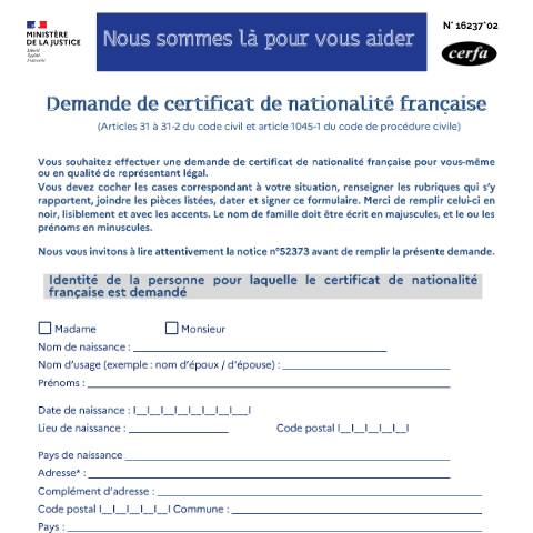 Aperçu du document Demande de certificat de nationalité française — Particuliers, France (CERFA n°16237*02)