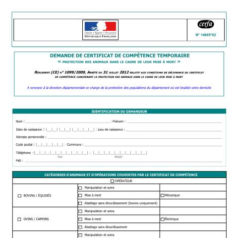 Aperçu du document Demande de certificat de compétence temporaire : protection des animaux dans le cadre de leur mise à mort — Professionnels, France (CERFA n°14869*02)