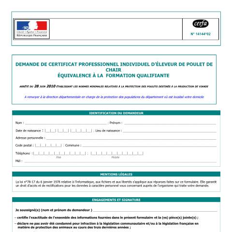 Aperçu du document Demande de certificat professionnel individuel d'éleveur de poulets de chair (équivalence à la formation qualifiante) — Professionnels, France (CERFA n°14144*02)