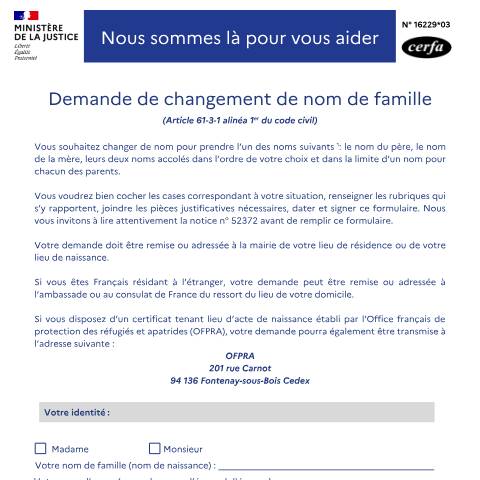 Aperçu du document Demande de changement de nom de famille — Particuliers, France (CERFA n°16229*03)