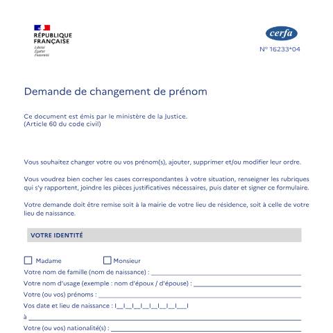 Aperçu du document Demande de changement de prénom — Particuliers, France (CERFA n°16233*04)