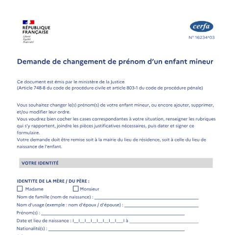 Aperçu du document Demande de changement de prénom d'un enfant mineur — Particuliers, France (CERFA n°16234*03)