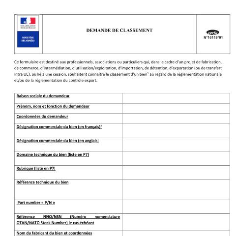 Aperçu du document Demande de classement d'un bien compte tenu de la réglementation sur les armes — Particuliers, France (CERFA n°16119*01)