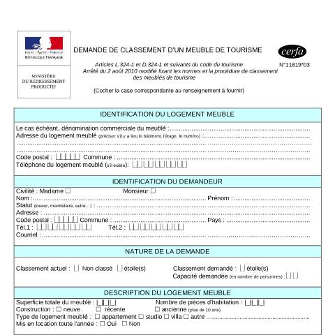 Aperçu du document Demande de classement d'un meublé de tourisme — Particuliers, France (CERFA n°11819*03)