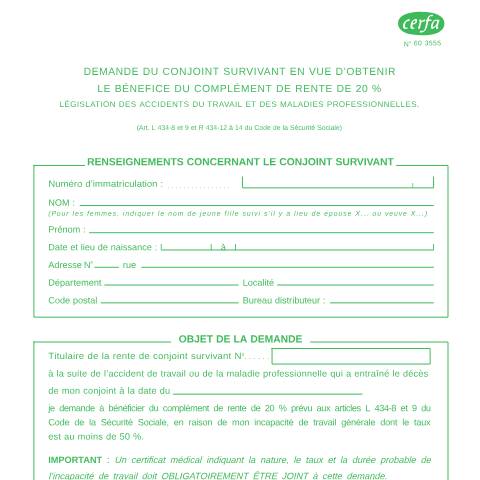 Aperçu du document Demande du complément de rente de 20 % pour le conjoint survivant — Particuliers, France (CERFA n°60-3555)