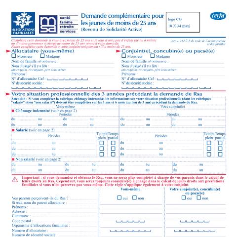Aperçu du document RSA - Demande complémentaire pour un jeune de moins de 25 ans — Particuliers, France (CERFA n°14130*02)