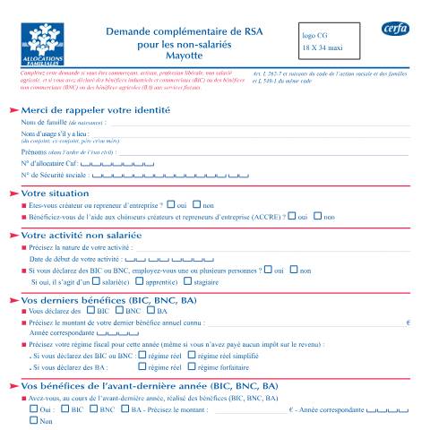 Aperçu du document Demande complémentaire de RSA - non salarié (Mayotte) — Particuliers, France (CERFA n°14585*01)