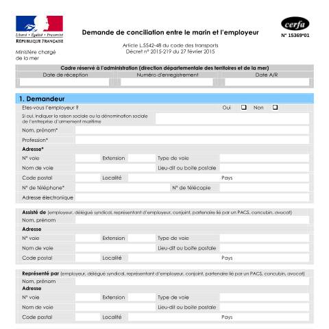 Aperçu du document Demande de conciliation entre le marin et l'employeur — Professionnels, France (CERFA n°15369*01)