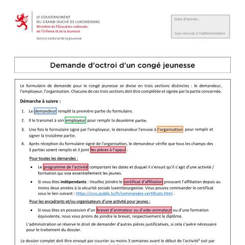 Aperçu du document Demande d'octroi d'un congé jeunesse — Conges, Luxembourg (CERFA n°conge-jeunesse-demande)