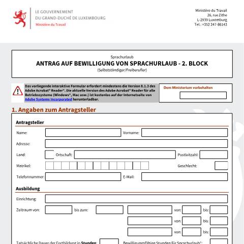 Aperçu du document de Antrag auf Bewilligung von Sprachurlaub - 2. Block (Selbstständiger/Freiberufler) — Conges, Luxembourg (CERFA n°conge-linguistique-2e-tranche-indep)