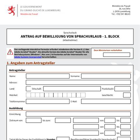 Aperçu du document de Antrag auf Bewilligung von Sprachurlaub - 1. Block (Arbeitnehmer) — Conges, Luxembourg (CERFA n°conge-linguistique-1re-tranche-salarie)