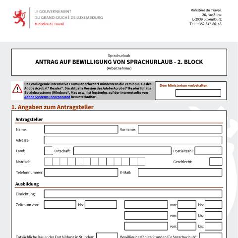 Aperçu du document de Antrag auf Bewilligung von Sprachurlaub - 2. Block (Arbeitnehmer) — Conges, Luxembourg (CERFA n°conge-linguistique-2e-tranche-salarie)