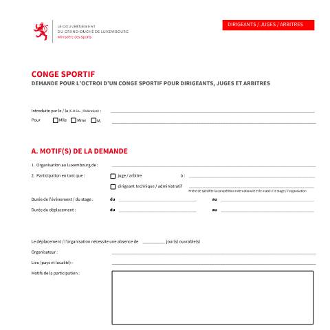 Aperçu du document Demande pour l’octroi d’un congé sportif pour dirigeants, juges et arbitres — Conges, Luxembourg (CERFA n°conge-sportif-dirigeants-juges-arbitres)