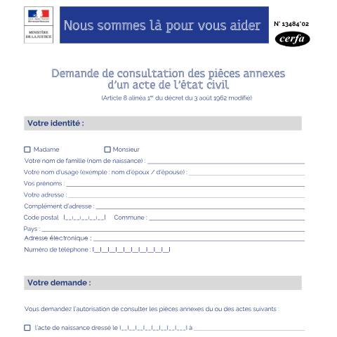 Aperçu du document Demande de consultation des pièces annexes d'un acte de l'état civil — Particuliers, France (CERFA n°13484*02)