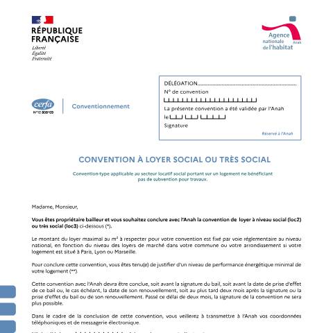 Aperçu du document Propriétaire bailleur : demander une convention Anah sans travaux (loyer social ou très social) — Particuliers, France (CERFA n°12808*09)