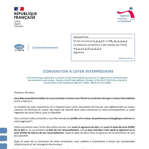 Aperçu du document Propriétaire bailleur : demander une convention Anah sans travaux (loyer intermédiaire) — Particuliers, France (CERFA n°12807*08)