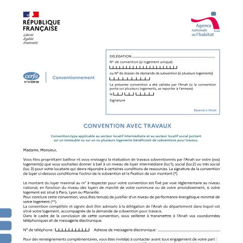 Aperçu du document Propriétaire bailleur : demander une convention Anah avec travaux (loyer social, très social, intermédiaire) — Particuliers, France (CERFA n°14039*06)