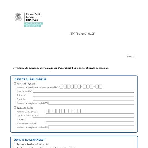 Aperçu du document formulaire de demande — 1. Remplissez le formulaire de demande., Belgique (CERFA n°20251221-succession-formulaire-fr-dyn)