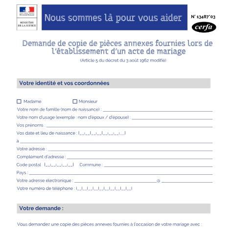 Aperçu du document Demande de copie des pièces annexes fournies lors de l'établissement d'un acte de mariage — Particuliers, France (CERFA n°13487*03)