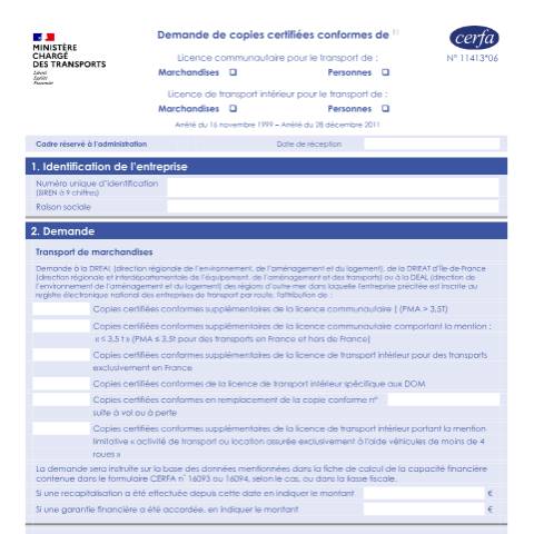 Aperçu du document Demande de copies certifiées conformes de licence communautaire ou de licence de transport intérieur — Professionnels, France (CERFA n°11413*06)