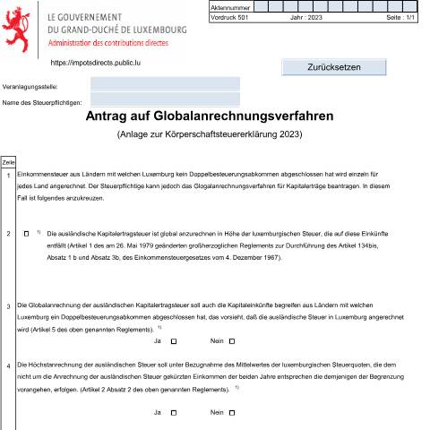 Aperçu du document Anlage: "Antrag auf Globalanrechnungsverfahren" — Annexes, Luxembourg (CERFA n°501 D)