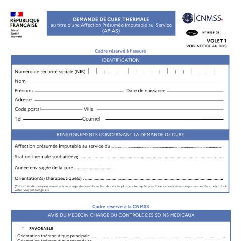 Aperçu du document Demande de cure thermale au titre d'une Affection Présumée Imputable au Service (APIAS) — Particuliers, France (CERFA n°16136*03)