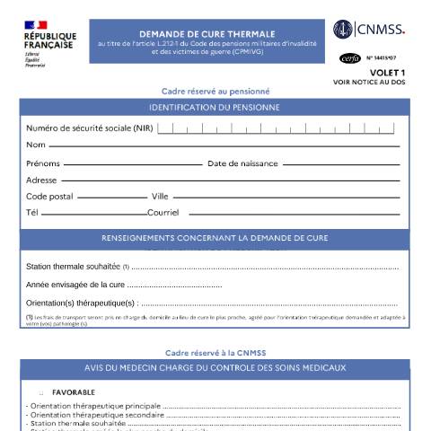 Aperçu du document Demande de cure thermale - Article L212-1 du code des pensions militaires d'invalidité et des victimes de la guerre — Particuliers, France (CERFA n°14415*07)
