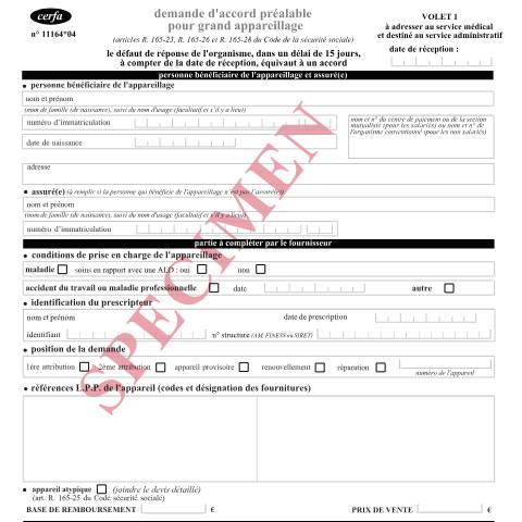 Aperçu du document Demande d'accord préalable pour grand appareillage — Particuliers, France (CERFA n°11164*04)